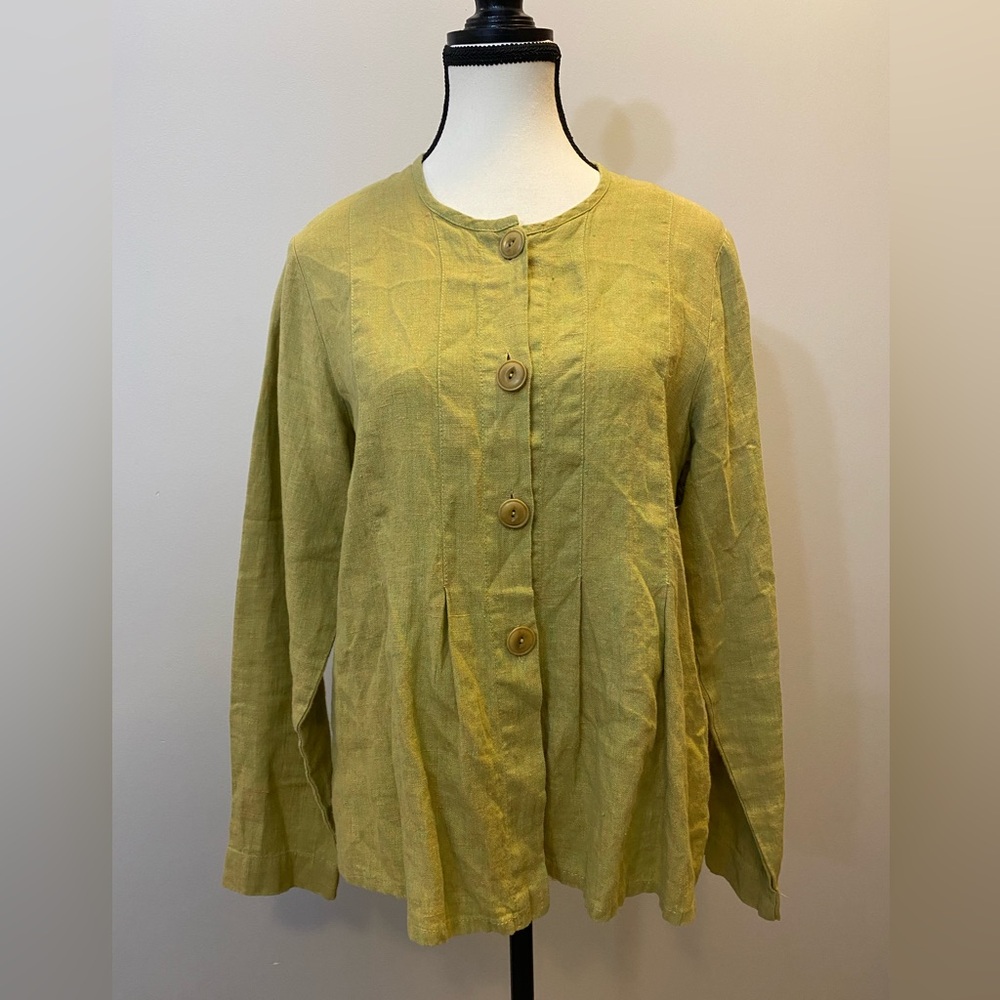Flax 100% Linen Green/Yellow Top - jacket or shirt size XS/S like new